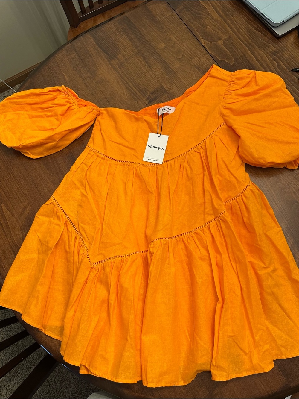 Orange Puff-Sleeve Tiered women’s Dress